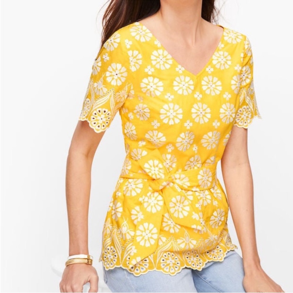 Talbots Yellow Eyelet Floral V-Neck Tie-Waist Blouse